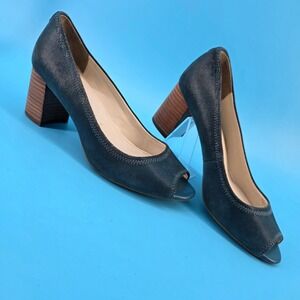 Anne Klein Meredith Navy Blue Textured Leather Peep Toe Block Heel Pumps 9M